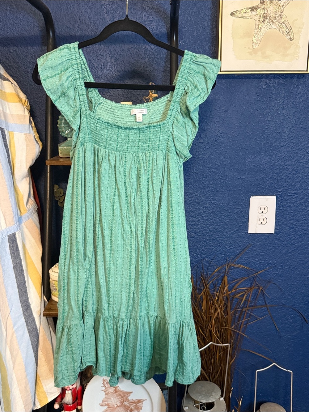 Mint Green Smocked Midi Dress with Ruffled Sleeves